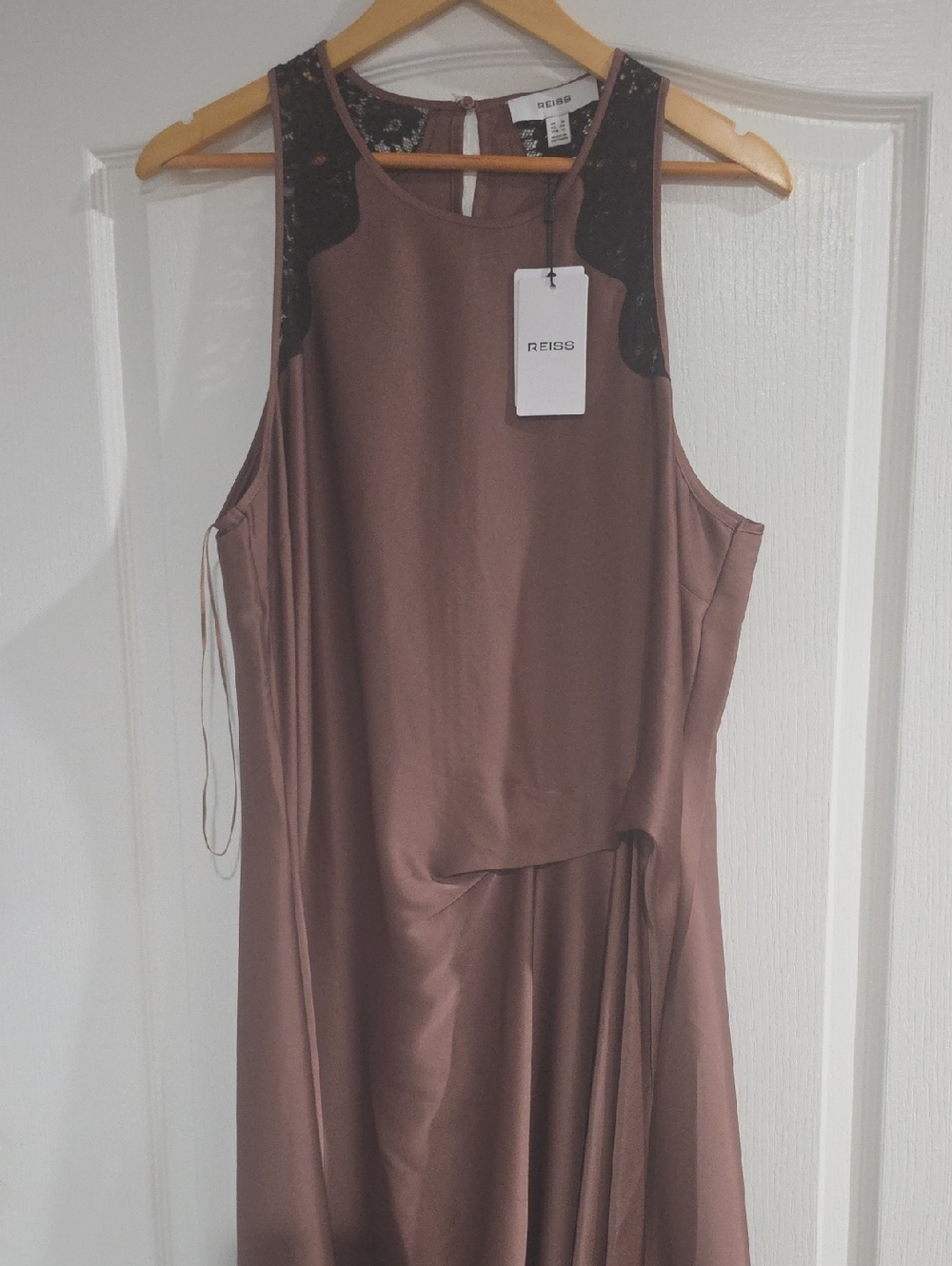 NWT. Reiss Mauve-Brown Satin Tank Dress with Black Lace Yoke.